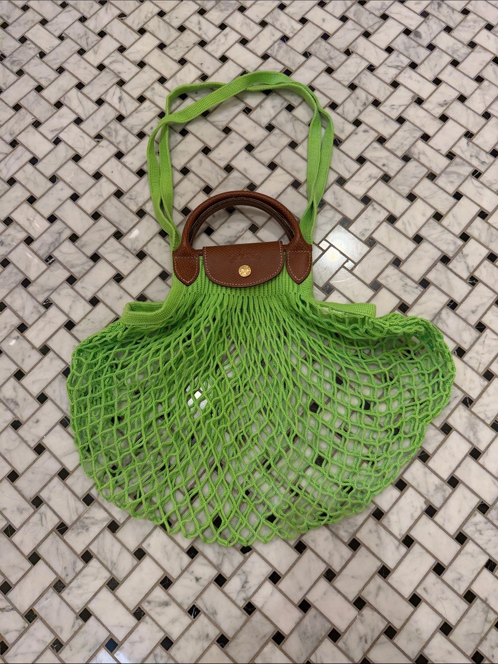 Longchamp Lime Green Mesh Tote with Brown Leather Trim